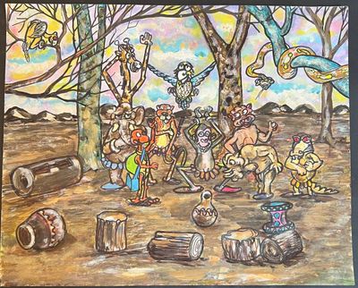 painting of a group of people in a forest with animals
