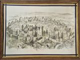 drawing of a city in a frame on a brick wall