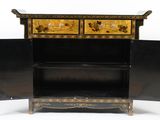 a black cabinet with two drawers and two doors