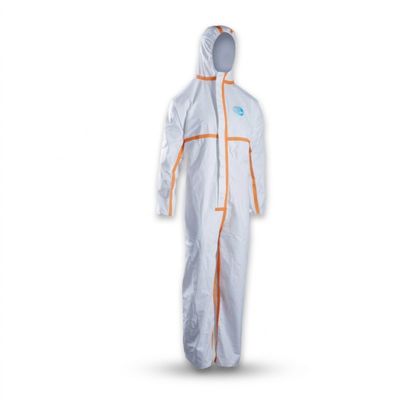 a man in a white coverall with orange trims and a hood