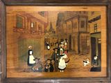 painting of a street scene with people, dogs, and cats