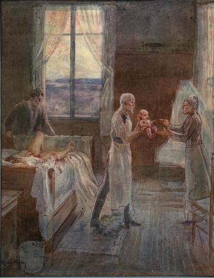 a painting of a woman holding a baby in a hospital room