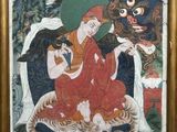 une image représentant un tableau où l'on voit une personne assise sur un tigre