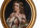 tableau représentant une jeune fille tenant un bol de fruits, dans un cadre doré