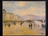 a painting of people walking on the beach by the water