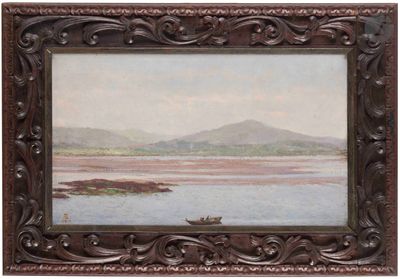 painting of a boat in a body of water with mountains in the background