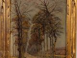 une peinture représentant une route avec des arbres en arrière-plan