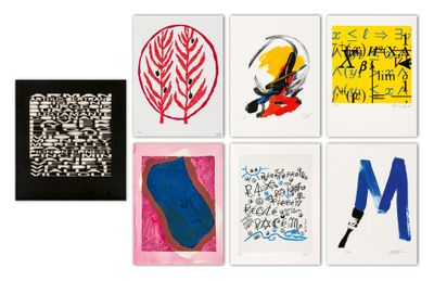 several different types of art work displayed on a white surface