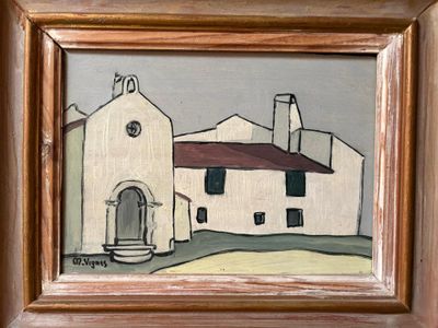 une photo d'un tableau représentant un bâtiment, dans un cadre