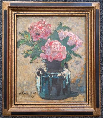an oil painting of pink flowers in a blue vase on a table