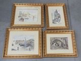 quatre aquarelles encadrées représentant des bateaux et des bâtiments, dans des cadres dorés