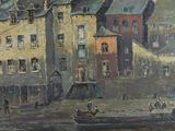 a painting of a boat on the water in front of a building
