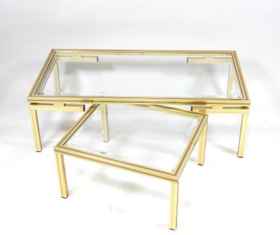 pair of brass and glass coffee tables