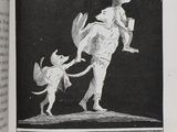 an old book with a drawing of a man and a dog