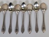 six spoons are lined up in a row on a white surface
