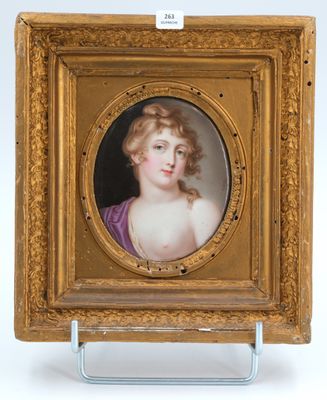 a painting of a woman in a purple dress in a gold frame