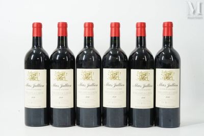 six bottles of red wine lined up in a row on a white surface