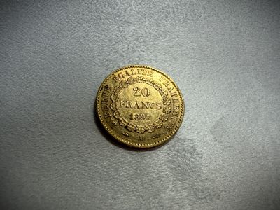 a close up of a gold coin on a white surface