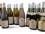 plusieurs bouteilles de vin sont alignées sur une surface blanche