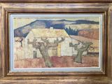 une image d'un tableau représentant une scène de ferme dans un cadre doré