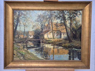 une image d'une peinture d'une maison au bord de l'eau