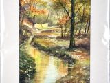 painting of a stream running through a wooded area with trees in the background