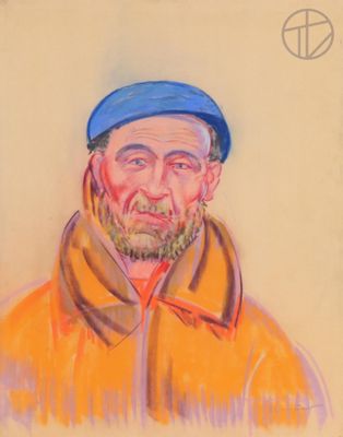 painting of a man with a blue hat and a yellow jacket