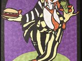painting of a clown eating a hot dog with a sandwich in his hand