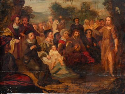 an old painting of a group of people gathered around a baby