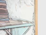 a drawing of a man sitting on a table with a book