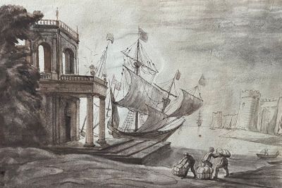 a drawing of a boat in the water near a building