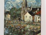 une image représentant un tableau d'une église au bord d'un plan d'eau
