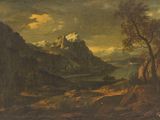 une image représentant un tableau représentant un paysage de montagne avec un lac