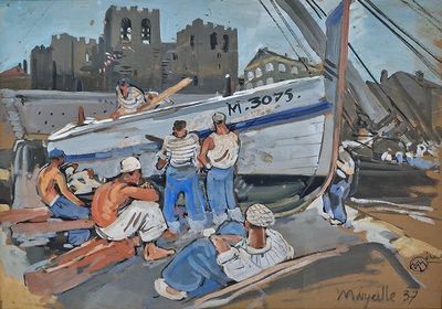 un tableau représentant un groupe de personnes travaillant sur un bateau