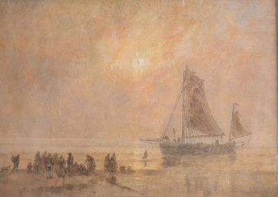 tableau représentant un groupe de personnes sur une plage, avec un bateau dans l'eau