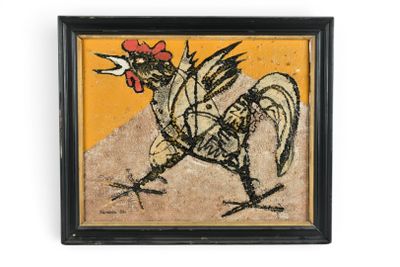 tableau représentant un coq tenant une fleur rouge dans son bec