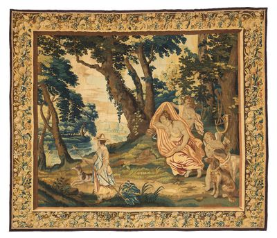 une tapisserie représentant une femme et un homme dans un décor boisé
