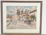 painting of a street scene with a horse drawn carriage in the foreground