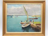 a painting of a sailboat on the water by a pier