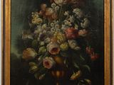 painting of a vase of flowers on a table in front of a black background