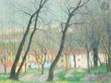 tableau représentant une maison et des arbres dans un champ