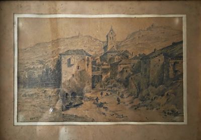 une vieille photo d'un village avec une tour horloge en arrière-plan