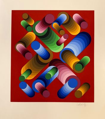 une image représentant un tableau composé de formes colorées sur fond rouge