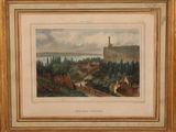 an old painting of a view of a town with a castle in the background