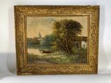 a painting of a river scene with a boat in the foreground
