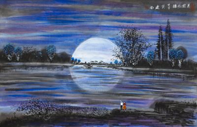un tableau représentant un homme et un chien au bord d'un lac, la nuit