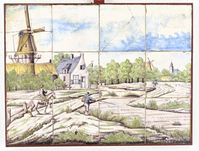 peinture représentant un moulin à vent et une scène de vie à la ferme sur un mur carrelé