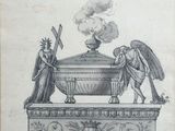 an old drawing of a statue with angels on top of it
