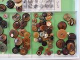 many different buttons in a box on the table