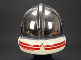 an image of a helmet on a stand on a black background